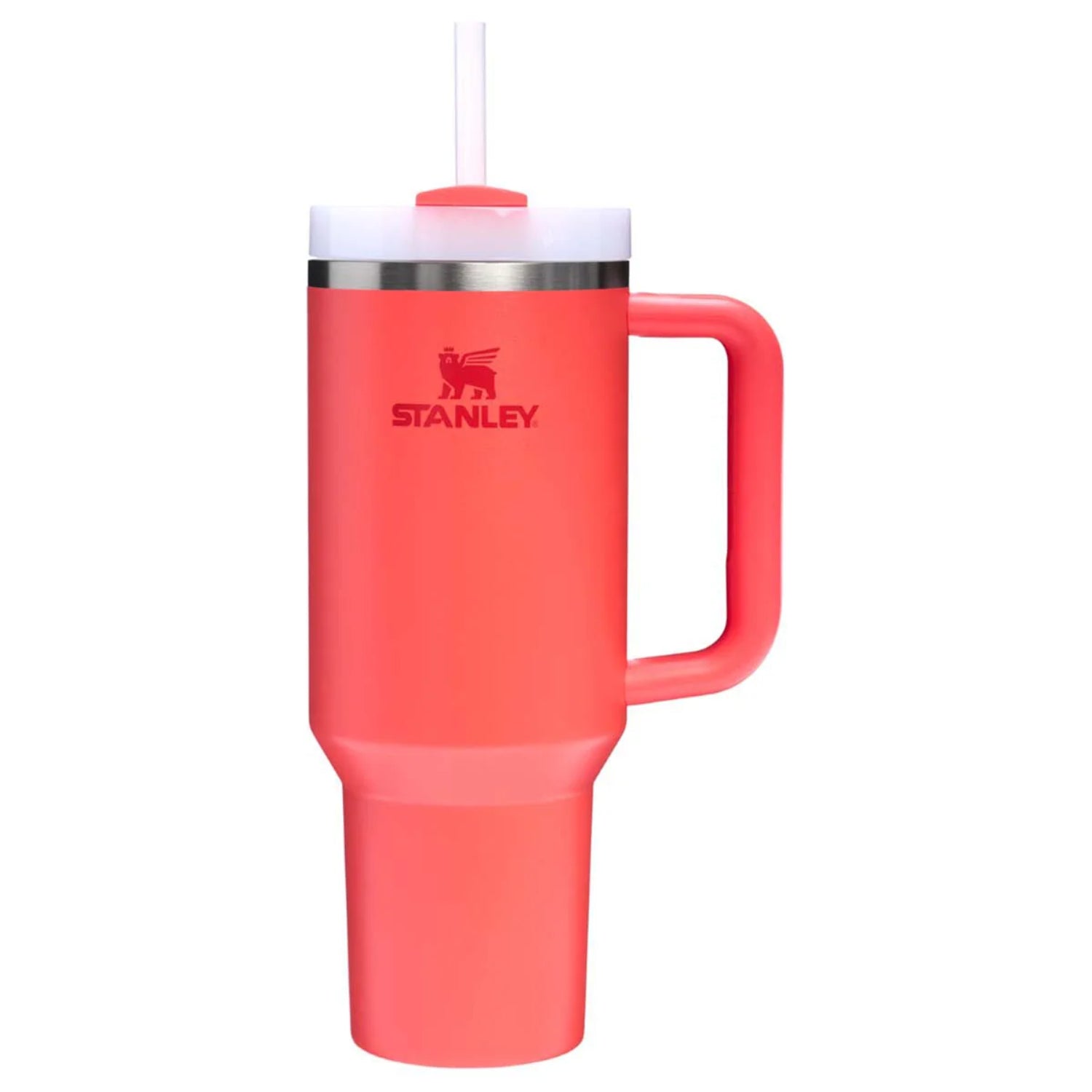 Vaso Stanley Quencher 40oz coral con tapa y popote, ideal para mantener bebidas frías